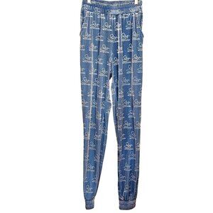 PrettyLittleThing Blue Signature Print Velour Joggers Womens S Elastic Waist Sli
